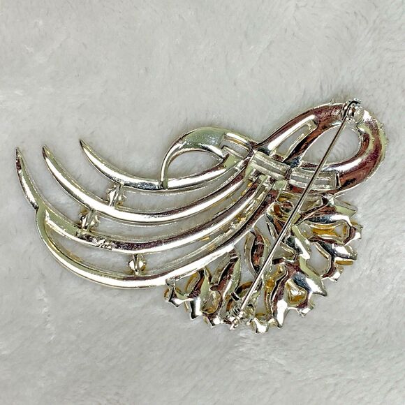 Vintage 50s Rhinestone Brooch Clear Crystal Marquis Baguette Spray Pin Statement - Picture 2 of 11